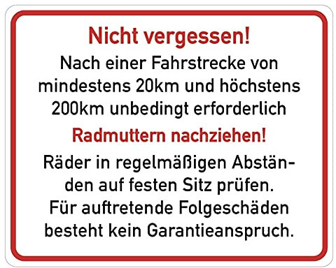 Aufkleber Hinweis Radmuttern nachziehen! Räderwechsel Schild Folie selbstklebend, rot/weiß | Größe wählbar Made in Germany, Größe: 30x45 cm