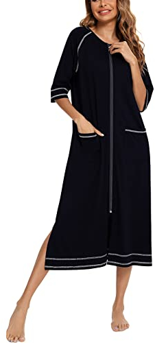 Rubehoow Duster Robe for Women Zip Up House Dress Maxi Nightgown Loose Comfy Bathrobe with Pockets(Black,L)