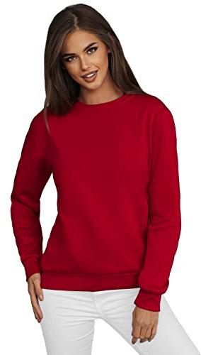 OZONEE Damen Sweatshirt Pullover Langarm Farbvarianten Oversized Langarmshirt Pulli ohne Kapuze Baumwolle Baumwollmischung Classic Basic Rundhals-Ausschnitt Sport 777/4428B DUNKELROT M
