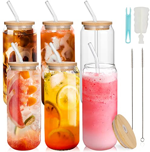 ZgoEC 6 Pack Glass Cup with Lids and Straws, 22oz Drinking Glasses Tumbler Cup, Reusable Pint Drinking Glasses Iced Coffee Cup, Transparent Can Shaped Glasses for Coffee Cocktail Smoothie, Home Cafe
