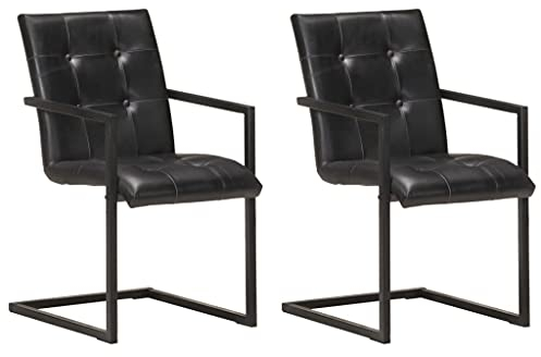 vidaXL Freischwinger 2 STK., Schwingstuhl mit Armlehnen, Esszimmerstuhl Metallrahmen, Essstuhl Küchenstuhl Stuhl Esszimmer Küche, Retro-Design, Schwarz Echtleder