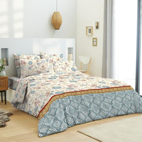 UNIVERSDECOR Set completo copripiumino reversibile per letto 140 x 190 cm (pacchetto completo HDC per letto 140 x 190, natura blu)