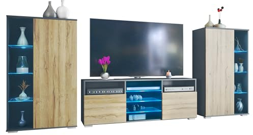 Vladon Wohnwand Davos, Anbauwand bestehend aus 2 Vitrinen und 1 TV-Board, Anthrazit matt/Eiche Natur inkl. LED-Beleuchtung (329 x 134 x 35 cm)