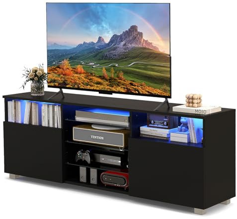 COSTWAY LED TV Stand Cabinet for 65 inch TVs, Wooden Entertainment Center with RGB LED Lights, Adjustable Glass Shelves and 2 Doors, 146cm Console Table Unit for Living Room (Black)