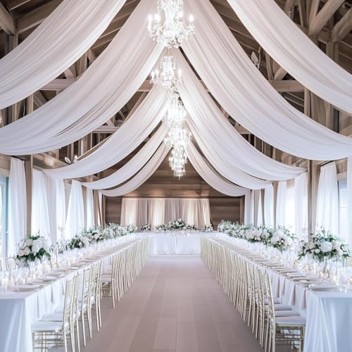 HoldOneLight Ceiling Drapes Hanging Kit for Wedding with Hanging Ring and 6 Panels 5ftx10ft Sheer Chiffon Fabric Ceiling Curtains for Wedding Arch Party Ceremony Stage Decoration Tent Drapery (white)