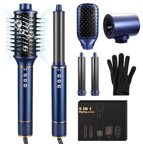 Hair Styler 5 in 1 Haarstyler Set,1400 W Airstyler Air Curlers Föhn Mit Rundbürstenföhn Warmluftbürste Föhn Lockenstab Luft Thermal Brush Für Volumen, Trocknen, Glätten & Locken, Blau