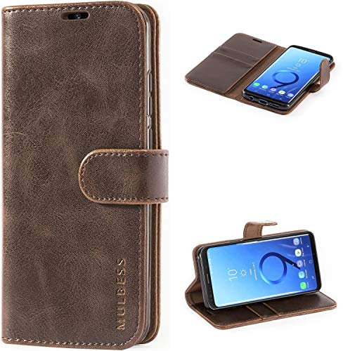 Mulbess Handyhülle für Samsung Galaxy S9, Leder Flip Case mit Kartenfächern, Magnetischer Verschluss, Ständer, Kaffee Braun