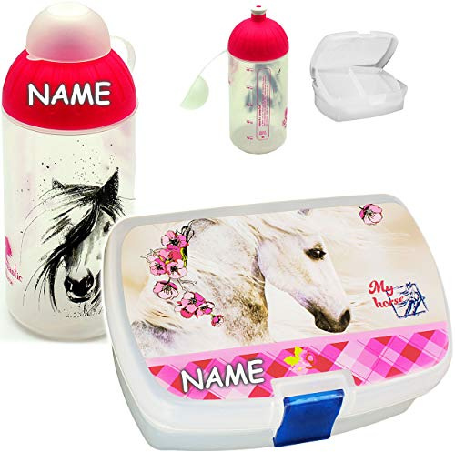 alles-meine.de GmbH Set: Lunchbox/Brotdose + Trinkflasche - Pferde & Blumen - inkl. Name - BPA frei - mit Einsatz/herausnehmbaren Fach - Brotbüchse Küche Essen - Mädchen ..