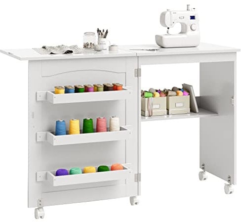 Giantex Nähwagen Tisch mit Ablageflächen und abschließbaren Rollen für Heimmöbel, faltbar, Nähschrank, Weiß