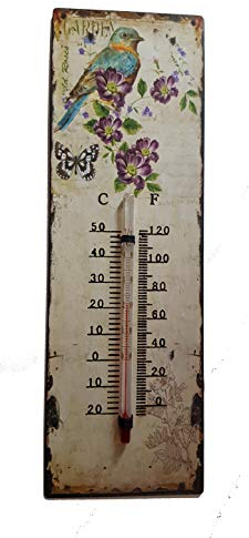 Thermometer VOGEL Garten analoges Gartenthermometer Metall - 25 cm gross - Blechschild Antik Design (Vogel)