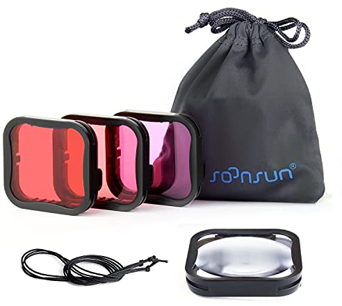 SOONSUN Confezione da 4 filtri subacquei per custodia impermeabile ufficiale per GoPro Hero 7 6 5 nero,rosso, rosso chiaro, 5x filtri macro close-up,correzione colore per fotografia subacquea e video