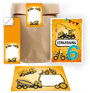 12 Einladungskarten zum 6. Kindergeburtstag sechste Geburtstag Jungen Baustelle incl. 12 Umschläge, 12 Tüten/Natur, 12 Aufkleber