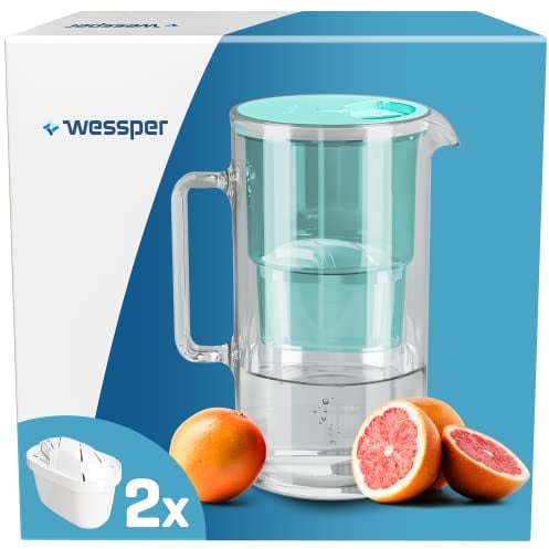 Wessper Wasserfilter Kanne Glas 3 L, Set Wasserkanne und 2 Filterkartuschen, Kompatibel mit Brita Maxtra, Wasserkaraffe für Trinkwasser mit Ersatz Filter - Minze