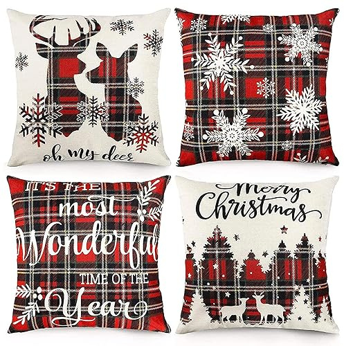 Sadodo Packung 4 Stück Weihnachtskissenbezüge, 45 x 45 cm Kissen Bezüge für Weihnachtsbaum, Schneeflocke,Elch, Happy Christmas,Weihnachten, Neujahrs Dekoration, für Sofa, Couch