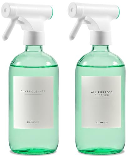 MAISONOVO Spray Bottle for Plants Set of 2 - Green 500ml Glass Spray Bottle and Refillable Empty Spray Bottles - with 16 Labels