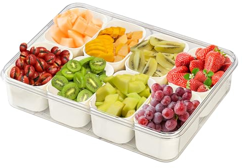 Domigard Portable Divided Serving Tray with Lid - 8 Compartment Reusable Platter for Snacks, Spices, Candy, Fruits, Nuts, Chips and Dip