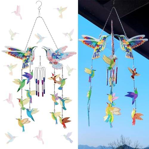 Starnearby DIY Diamond Painting Sonnenfänger Windspiele Set, 5D Doppelseitige Kristall Diamant Malerei Anhänger Set, Rotierender Windspiel Bastelset Hängende Ornamente für Fensterdeko (Kolibri)