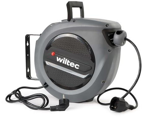 Wiltec Avvolgicavo elettrico automatico 15 m + 1,5 m, avvolgitore cavo automatico 1500-3200 W, prolunga elettrica avvolgibile con staffa a 180°