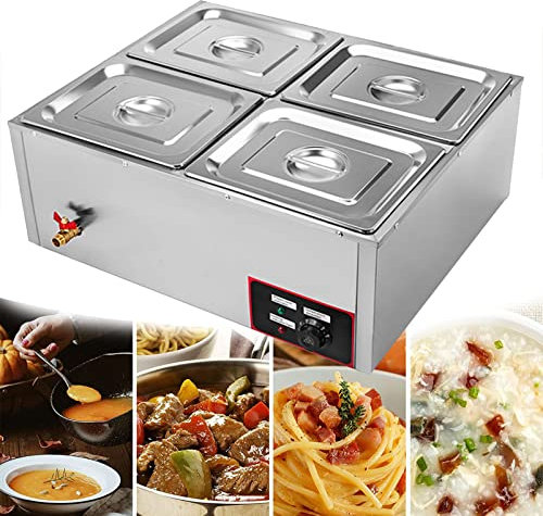 Electric Food Warmer, Commercial Food Warmer 4 Tray, Table Top Buffet Server 850W with Lids, Plate Warming, Temp Control, Electric Stainless Steel Food Warmer for Catering and Restaurants