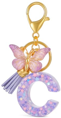 Porte-Clés Lettre C, Porte-Cléf Initial de Sac pour Femmes | Cadeaux de Porte-Clé Papillon avec Pendentifs Papillons et Touffe pour Amies Filles