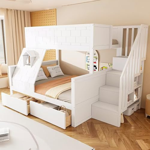 Ktipm Litera de 90x200 & 140x200 cm con 2 Cajones y Escalera Almacenaje, Cama Litera Matrimonio con Ventana y Protección Anticaída, Literas Cama Infantil con Estructura de Madera, Sin Colchón, Blanco