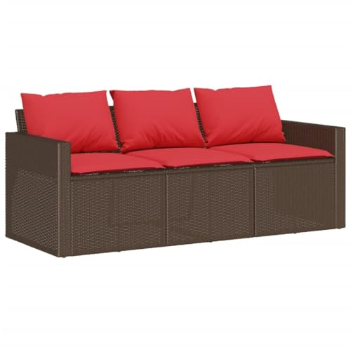Owoxanthellate 3-Sitzer Gartensofa Poly Rattan Lounge Sofa mit roten Kissen Braunes Rattan-Sofa Polyrattan Sitzbank für Garten Balkon und Terrasse 177 x 70 x 68 cm
