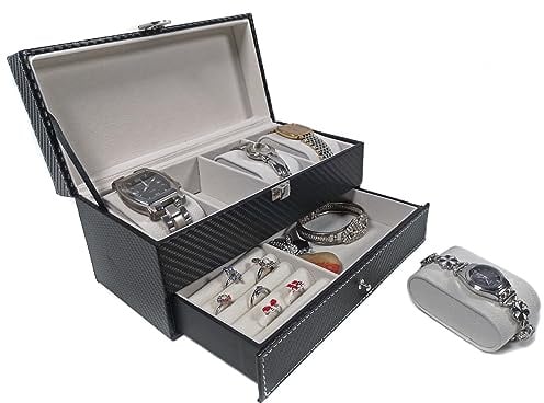 Yudu Uhrenbox Uhrenkoffer Schmuckkasten Schmuckkästchen Schmuckkoffer mit 4 Uhrenkissen und Schublade