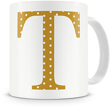 givagift Letter “T” Mug – Letter T Mug, T Letter Mug, T Mug – Mug Gift/Present – Polka Dot Style – Modern/Cool/Trendy Style Mug (Gold)