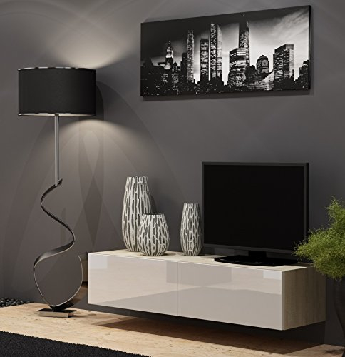 Furniture24 Tv Schrank Vigo 140 cm Länge, Hängeschrank, Wandschrank, Fernsehentisch mit 2 Klapptüren, Lowboard, Grifflose Öffnen, Push to Open (Sonoma Eiche/Weiß Hochglanz, Ohne Beleuchtung)