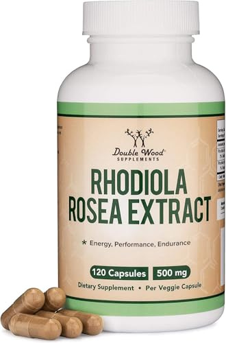 Rhodiola Rosea Supplement 500mg, 120 Vegan Capsules (Made and Tested in The USA, 3% Salidrosides, 1% Rosavins Extract) Natural Stress Level Support Pills by Double Wood Supplements