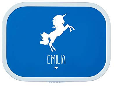 4you Design Personalisierte blaue Brotdose -EINHORN Silhouette- mit Namen – inkl Bento Box & Snack-Gabel für Schule & Kindergarten, Geschenk für Kinder (Blau)