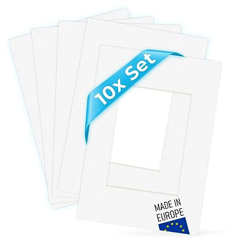 PHOTOLINI Passepartout A4 21x30 aussen für 13x18 innen, 10x säurefrei 1,5 mm Passepartout Karton Reinweiß, alterungsbeständige Schrägschnitt - Passepartouts, Präsentation & Schutz von Bildern & Fotos