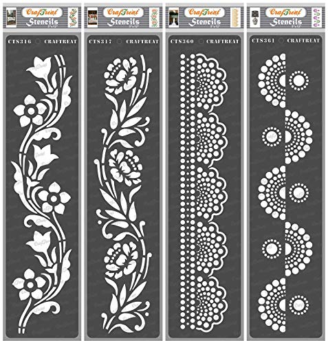 CrafTreat wiederverwendbare Blumenrand-Schablonen zum Malen auf Holz, Leinwand und Wand – Rand XII, Rand XIII, Punktrand I und Punktrand II – 4 Stück – 7,6 x 30,5 cm – DIY-Bastelschablonen