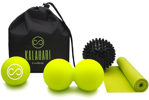 KALAHARI Massageboll SET - Jordnötsboll, Lacrosse, Spiky boll och Motståndsband - för Trigger Point Therapy och Myofascial Massage - E-Book Träningsmanual och praktiska Väskor