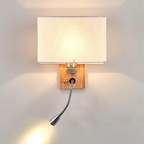 DROMEZ Applique Murale en Bois Intérieur, Lampe Murale avec Col de Cygne Flexible LED et Abat-Jour en Tissu, Lampe de Chevet Liseuse pour Chambre Salon Hôtel, E27 Beige