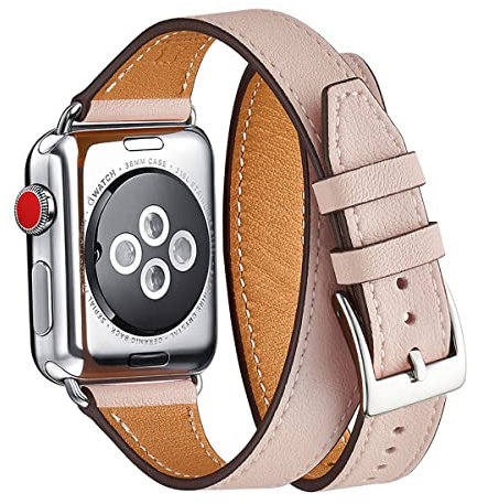Bestig Bracelet de rechange fin en cuir véritable pour Apple Watch 42 mm 44 mm, double tour conçu pour iWatch SE, série 6/5/4/3/2/1 (bande de sable rose + connecteur argenté, 42 mm 44 mm)