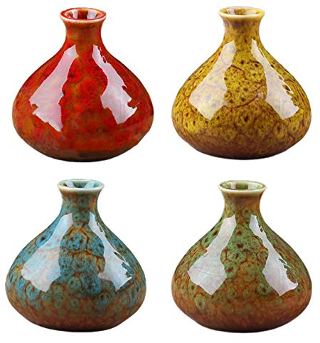 RSTYS Keramik-Blumenvase, glasierte Blumenvase, rustikale Vase, rund, bunt, kleine Keramik-Blumenvase für Tisch, Wohnzimmer, Büro, Heimdekoration, 4 Stück, 7,5 cm