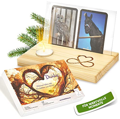 Sabine Thallinger Kartenhalter Holz | Fotohalter, Tarotkartenhalter [HANDGEMACHT] mit Geschenkverpackung & Kerze