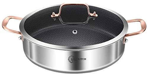 LOLYKITCH 6 Quarts Hybrid Tri-Ply Stainless Steel Non-stick Deep Frying Pan,Sauté Pan with lid,Induction Large Pan, Jumbo Cooker,Heavy Duty & Oven Safe.
