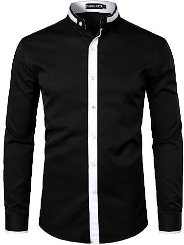 PARKLEES Men's Slim Fit Long Sleeve Button Up Casual Band Collar Shirts PZLCL34-Black M