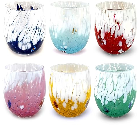 MAZZEGA ART & DESIGN Wassergläser Bicolor aus handgefertigtem und handgearbeitetem Muranoglas mit Murrine-Muster - Die Farben von Murano - Bicolor 435ml. (6, MIX)