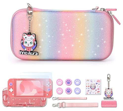 innoAura Custodia per Switch Lite, Set di Accessori 14 in 1 con Incantevole Custodia Switch Lite, Protezione Schermo, Guscio Protettivo, Switch Lite Custodia per Gioco (Paillettes Arcobaleno)