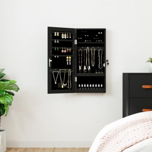 ADWOA Armoire à Bijoux avec Miroir et éclairage LED Mural Noir Armoire Bijoux Miroir sur Pied,Porte Bijoux Mural