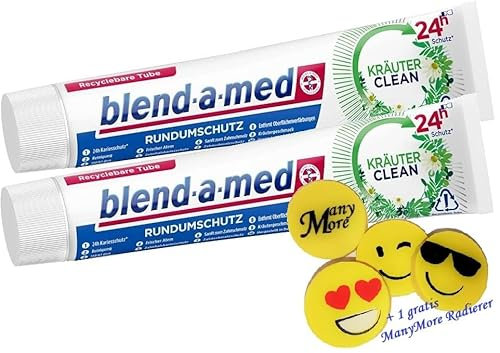 2 x Blend-a-med Kräuter Clean Rundumschutz Zahnpasta - je 75ml - Zahncreme + 1 gratis ManyMore Radierer
