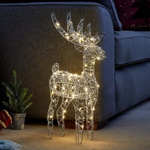 Marco Paul Large 45cm Light Up Gold Reindeer Christmas Decoration Battery Operated LED Stag Ornament with Auto Timer Wire Mesh Frame Festive Xmas Indoor Home Decoration