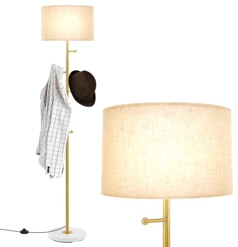 HOMASIS 2 in 1 Stehlampe Garderobenständer mit 5 Haken & Leinen-Lampenschirm, 166,5cm Stehleuchte mit E27 & Fußschalter, Standlampe Metall, Standleuchte Bodenleucht für Wohnzimmer, Schlafzimmer, Gold