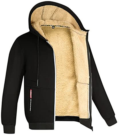 LOIJMK Giacca invernale da uomo in pile con cappuccio, spessa e calda, con cappuccio, in pile, morbida, confortevole, con cappuccio, Nero , XL