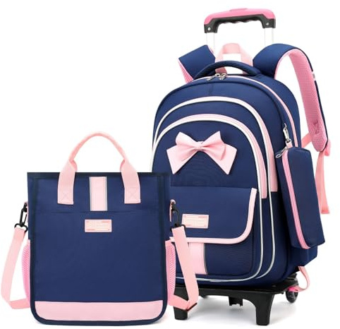 MITOWERMI Rolling Backpack for Girls 3Pcs Elementary School Bag Cute Bowknot Backpack with Wheels Girls Bookbags with Handbag Trolley Bags Kids Carry-On Luggage