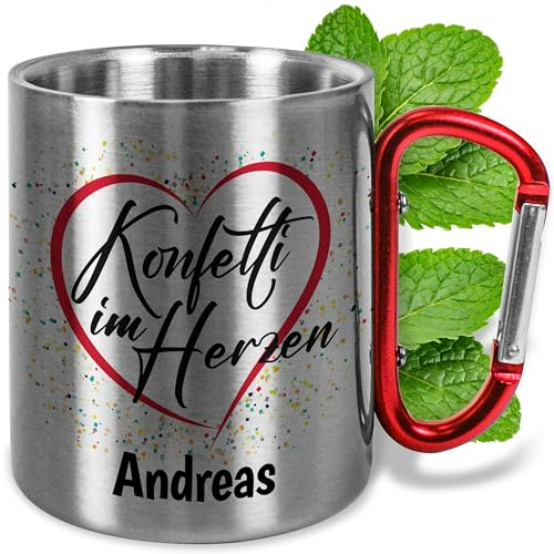 True Statements Für Fastnacht & Narrenumzüge: Lustiger Metall-Becher Edelstahl mit Karabiner ca. 330ml personalisiert „Konfetti im Herzen“ – Fasching Karneval