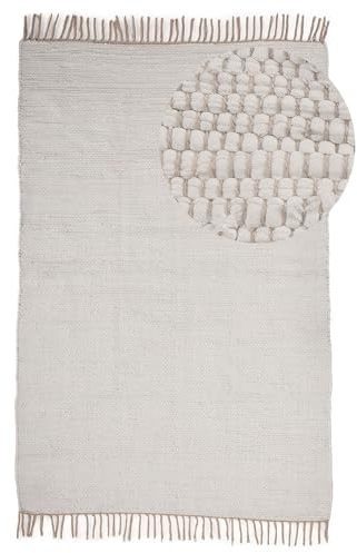 carpetfine Flickenteppich Kelim Chindi Uni Weiß 160x230 cm, handgewebt | Fleckerlteppich aus Baumwolle für Wohnzimmermit Fransen